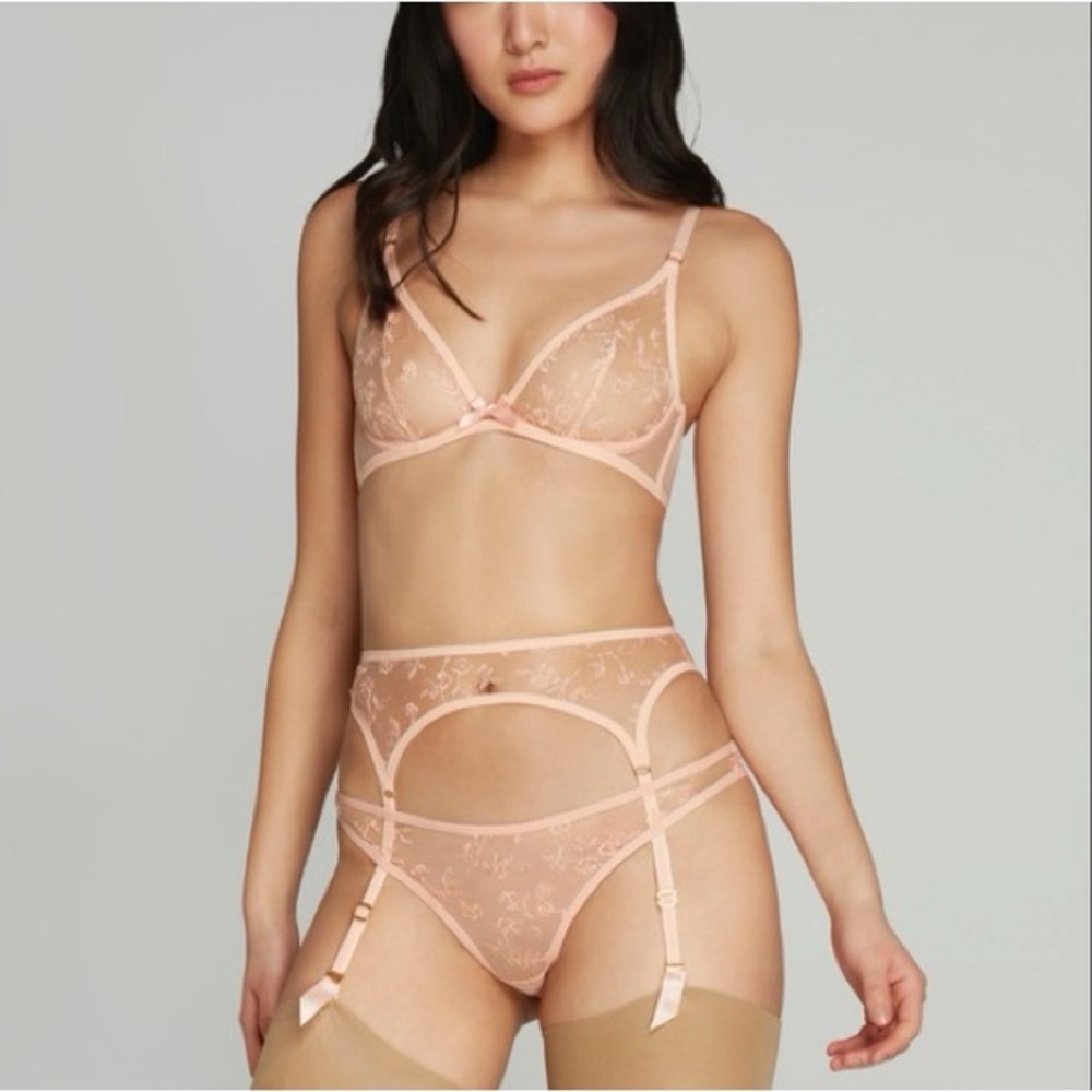 NWOT Agent Provocateur Henrieta Blush Bra Thong Garter Set